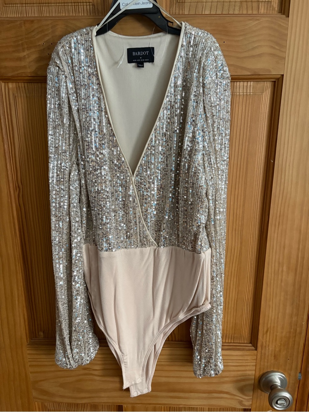 Bardot Sequin Long Sleeve Nude & Silver Bodysuit
